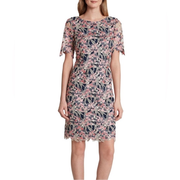 NWT. TAHARI Arthur S. Levine 4 Scalloped Shimmer Floral Lace Sheath Dress. - Picture 1 of 14
